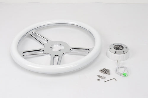 18” Steering Wheel WHITE Chrome 4-Spoke w/ Slot Cut Outs Chrome Horn Button - Logo