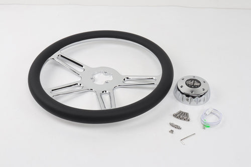 18” Steering Wheel Microfiber Chrome 4-Spoke w/ Slot Cut Outs Chrome Horn Button - Logo
