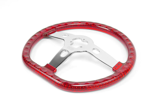 18” Steering Wheel Transparent Red Chrome 3-Spoke Chrome Horn Button -Logo