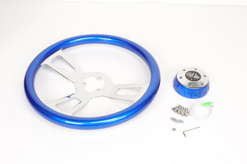 18” Steering Wheel Blue Chrome 3-Spoke w/ Slot Cut Outs Chrome Horn Button Logo