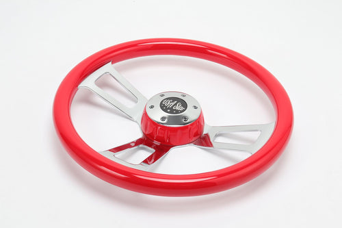 16" Steering Wheel Red Chrome 3-Spoke w/ Slot Cut Outs Chrome Horn Button - Logo