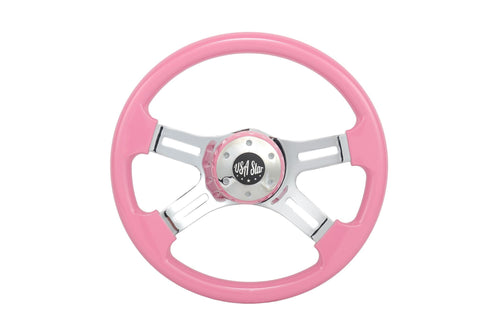 16" Steering Wheel Pink Chrome 4-Spoke w/ Slot Cut Outs Chrome Horn Button - Logo