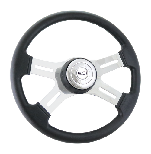 16" Polyurethane Rim, Chrome 4-Spoke w/Slot Cut Outs, Black Textured Bezel, Chrome Horn Button - Logo