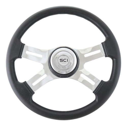 16" Polyurethane Rim, Chrome 4-Spoke w/Slot Cut Outs, Black Textured Bezel, Chrome Horn Button - Logo