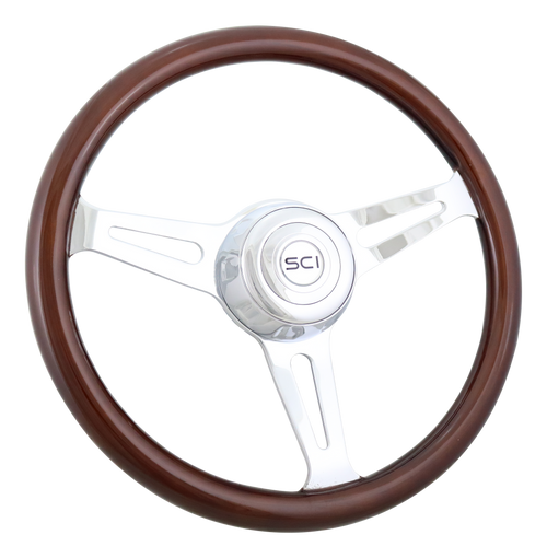 16" Mahogany Rim, Chrome 3-Spoke w/ Slot Cut Outs, Chrome Bezel, Chrome Horn Button - Logo