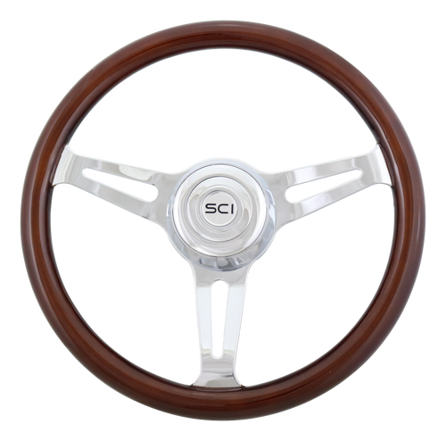 16" Mahogany Rim, Chrome 3-Spoke w/ Slot Cut Outs, Chrome Bezel, Chrome Horn Button - Logo