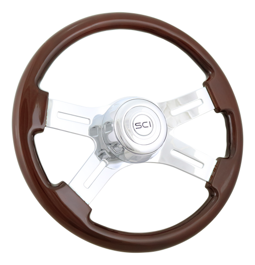 16" Wood Rim, Chrome 4-Spoke w/Slot Cut Outs, Chrome Bezel, Chrome Horn Button - Logo