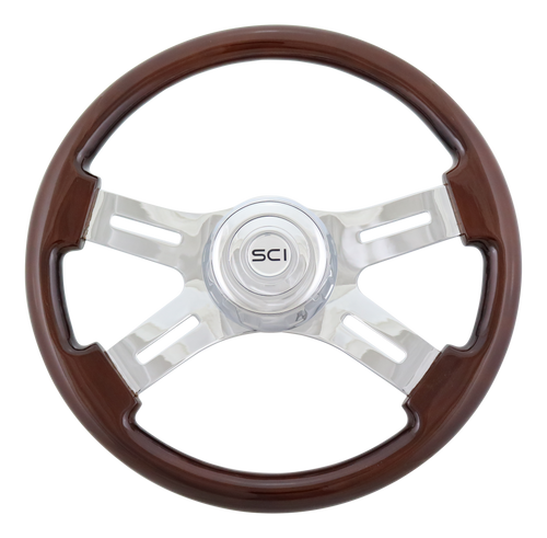 16" Wood Rim, Chrome 4-Spoke w/Slot Cut Outs, Chrome Bezel, Chrome Horn Button - Logo