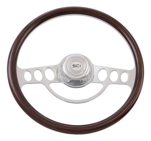 The Caddy - 18" Half Wrap Billet Chrome Aluminum 2-Spoke Wheel with 18" Wood Rim, Chrome Bezel and Horn Button with Logo