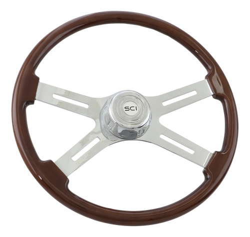 Classic 20" Mahogany Wood Rim, Chrome 4-Spoke with Slot Cut Outs, Chrome Bezel, Chrome Horn Button - Logo