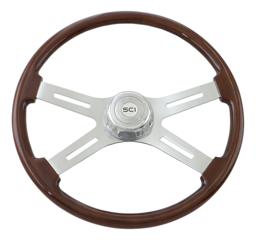 Classic 20" Mahogany Wood Rim, Chrome 4-Spoke with Slot Cut Outs, Chrome Bezel, Chrome Horn Button - Logo
