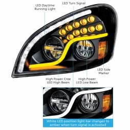 High Power LED Blackout Headlight w/ LED Daytime Running Light & LED Turn Signal For 2008-17 fits Freightliner Cascadia - Passenger