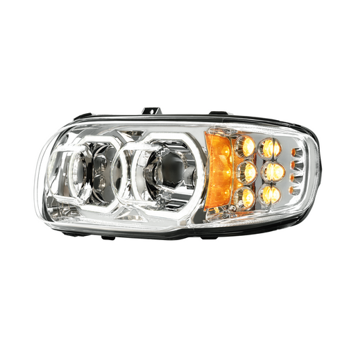High Power 10 LED Chrome Headlight With 10 LED Turn & 100 LED Halo For 2008-2024 Peterbilt 389-Driver