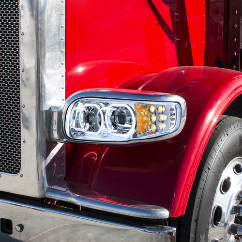 High Power 10 LED Chrome Headlight With 10 LED Turn & 100 LED Halo For 2008-2024 Peterbilt 389-Driver