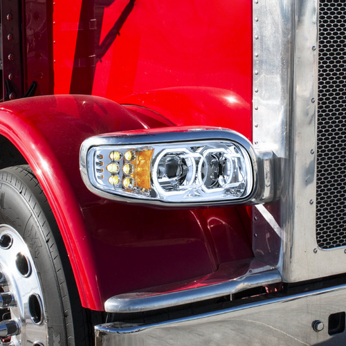 High Power 10 LED Chrome Headlight With 10 LED Turn & 100 LED Halo For 2008-2024 Peterbilt 389-Passenger