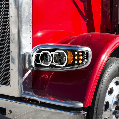 High Power 10 LED Blackout Headlight With 10 LED Turn & 100 LED Halo For 2008-2024 Peterbilt 389-Driver