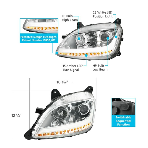 Chrome Projection Headlight With LED Position Light & Sequential Signal For 2012-2021 Peterbilt 579, 587- Driver