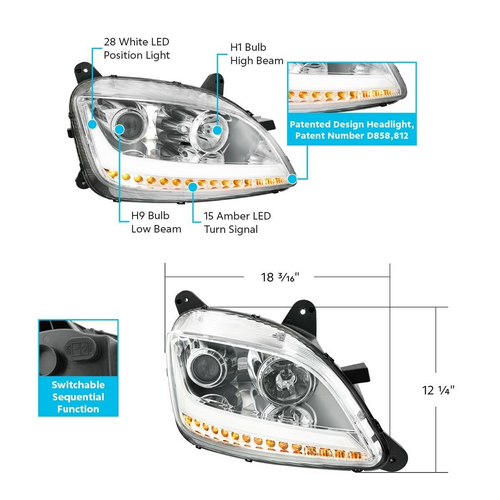 Chrome Projection Headlight With LED Position Light & Sequential Signal For 2012-2021 Peterbilt 579, 587 - Passenger