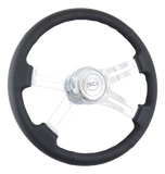 18" Black Leather Rim, Chrome 4-Spoke w/Slot Cut Outs, Chrome Bezel, Chrome Horn Button - Logo