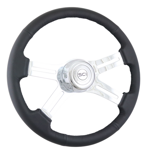 18" Black Leather Rim, Chrome 4-Spoke w/Slot Cut Outs, Chrome Bezel, Chrome Horn Button - Logo