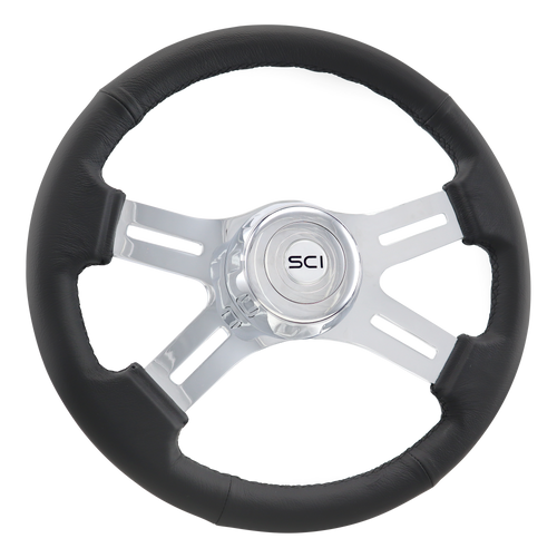 16" Black Leather Rim, Chrome 4-Spoke w/Slot Cut Outs, Chrome Bezel, Chrome Horn Button - Logo.