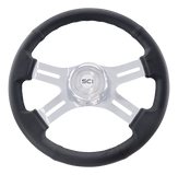 16" Black Leather Rim, Chrome 4-Spoke w/Slot Cut Outs, Chrome Bezel, Chrome Horn Button - Logo.