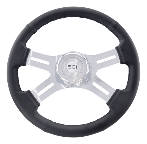 16" Black Leather Rim, Chrome 4-Spoke w/Slot Cut Outs, Chrome Bezel, Chrome Horn Button - Logo.