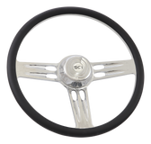 Triple Threat - 18" Half Wrap Billet Chrome Aluminum 3-Spoke Wheel with 18" Black Leather Rim, Chrome Bezel and Horn Button with Logo