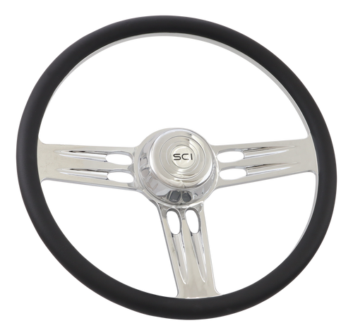 Triple Threat - 18" Half Wrap Billet Chrome Aluminum 3-Spoke Wheel with 18" Black Leather Rim, Chrome Bezel and Horn Button with Logo