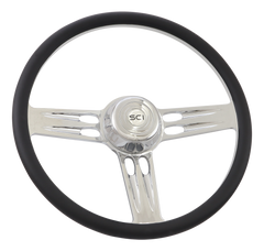 Triple Threat - 18" Half Wrap Billet Chrome Aluminum 3-Spoke Wheel with 18" Black Leather Rim, Chrome Bezel and Horn Button with Logo