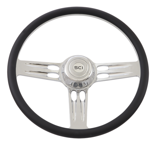 Triple Threat - 18" Half Wrap Billet Chrome Aluminum 3-Spoke Wheel with 18" Black Leather Rim, Chrome Bezel and Horn Button with Logo