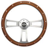 18” Steering Wheel Real Wood  Chrome 3-Spoke w/Slot Cut Outs Chrome Horn Button -Logo
