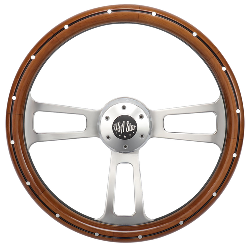 18” Steering Wheel Real Wood  Chrome 3-Spoke w/Slot Cut Outs Chrome Horn Button -Logo