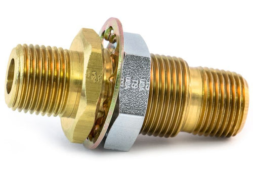 Bulkhead Fitting 1/2" MPT Each End, 1/4" FPT One End, 1" -14 Mounting Thread, 2-3/8" Overall Length