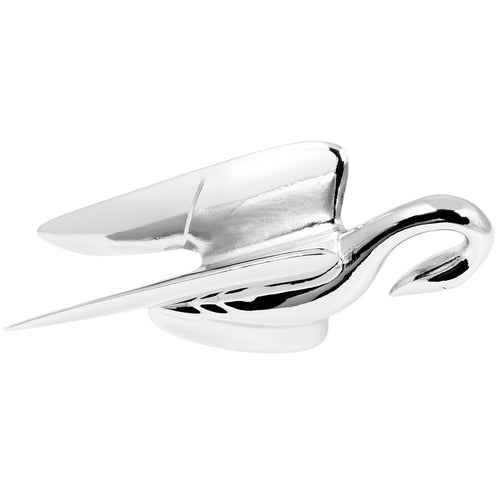 Chrome Classic Swan with Wonderwings Hood Ornament Size: 7-7/8" L x 3-13/16" H Overall. 3-3/8" L x 1-1/8" W Mounting base. 2-1/4" Wingspan width