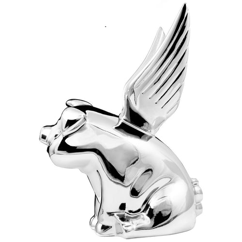 Chrome Smiling Pig With Wings Hood Ornament Size: 5-1/2" L x 4-9/16" W x 7-3/8" H