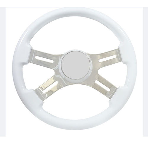 16" Steering Wheel WHITE Chrome 4-Spoke w/ Slot Cut Outs Chrome Horn Button - Logo