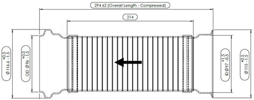11.57" X 3 5/6" Exhaust Flex, D3S, Fits Peterbilt Stainless Steel