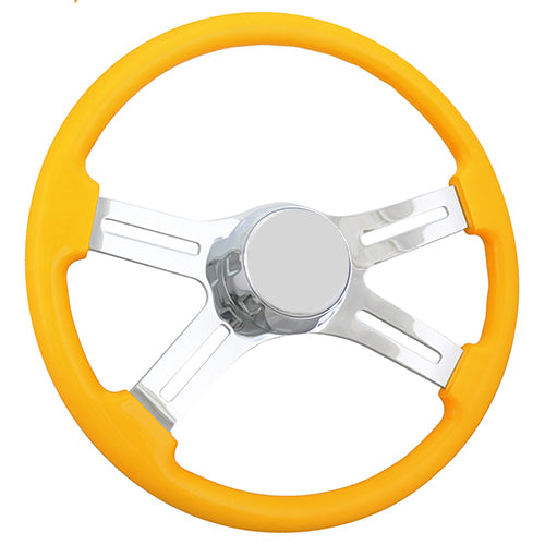16" Steering Wheel Yellow Chrome 4-Spoke w/ Slot Cut Outs Chrome Horn Button - Logo
