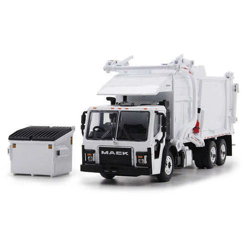 1/64 Scale White Mack LR with McNeilus Meridian Front Load Refuse Truck and Trash Bin