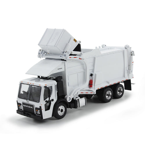 1/64 Scale White Mack LR with McNeilus Meridian Front Load Refuse Truck and Trash Bin
