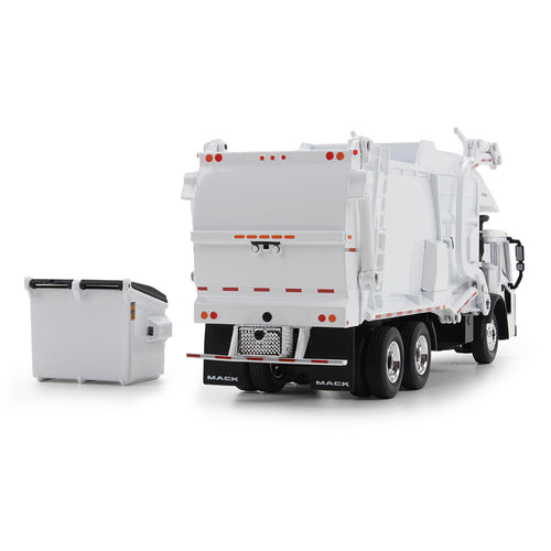 1/64 Scale White Mack LR with McNeilus Meridian Front Load Refuse Truck and Trash Bin