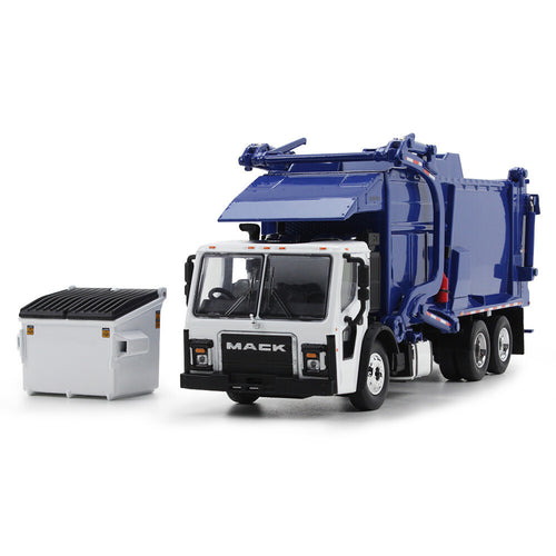 1/64 Scale White/Blue Mack LR with McNeilus Meridian Front Load Refuse Truck and Trash Bin
