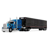 1/64 Scale Bright Blue/Black Peterbilt Model 589 with 72" Mid-Roof Sleeper & Wilson Silverstar Livestock Trailer