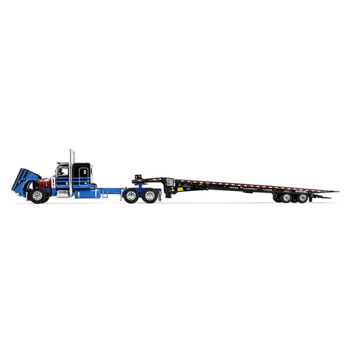 1/64 Scale Blue/Black Peterbilt Model 389 with 48" Flat Top Sleeper & Landoll 440B-50CA Traveling Axle Trailer