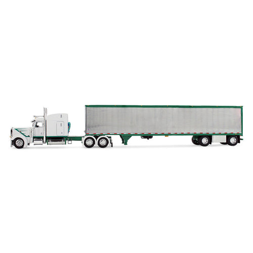 1/64 Scale White/Green Peterbilt Model 389 with 63" Mid-Roof Sleeper & 53' Utility Trailer