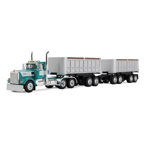 1/64 Scale Turquoise/White 1/64 Kenworth W900A Day Cab & 22' Dual End Dump Trailers