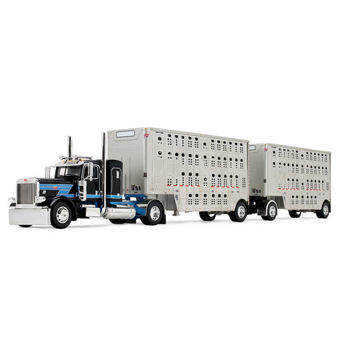 Firts Gear Peterbilt® Model 389 with 36" Flat Top Sleeper & 28' Wilson® Silverstar® Double Livestock Trailers Black/Cyan