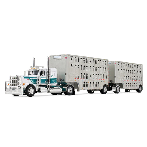 First Gear White/Dark Teal Peterbilt® Model 389 with 36” Flat Top Sleeper & 28’ Wilson® Silverstar® Double Livestock Trailers