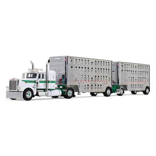 First Gear White/Green Peterbilt® Model 389 with 36” Flat Top Sleeper & 28’ Wilson® Silverstar® Double Livestock Trailers